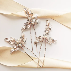 Set svatebních spon pro vlasy s květinami a lístky v barvě rose gold