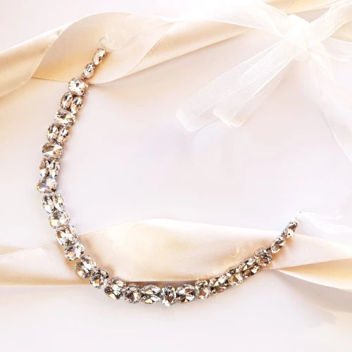 Opaska ślubna srebrna ze wstążką rząd cyrkonii