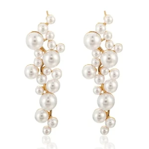 Náušnice BÍLÉ perly, ZLATÉ hrozny, elegantní visící