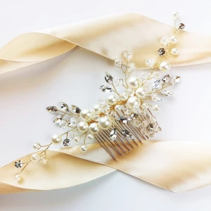 Zlatý svatební hřeben s perlami, zirkony a krystaly