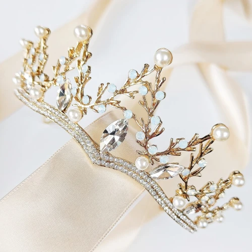 NIETUZINKOWA złota tiara diadem korona do włosów z perłami