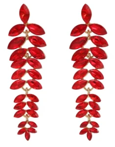 Červené náušnice dlouhé lístky a zirkony ve zlaté úpravě