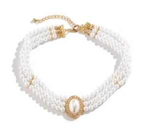 Náhrdelník choker vrstvený dělený zlatý s perlami VINTAGE