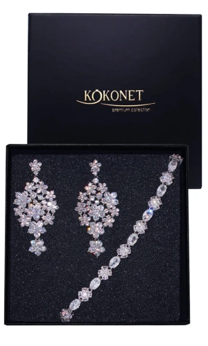 ELEGANCKI kwiatowy komplet biżuterii ślubnej bransoletka kolczyki srebrny