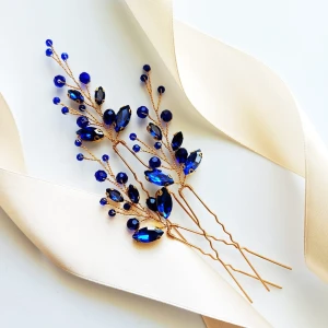 Sada tří zlatých ozdobných modrých vlásenek se zirkony a krystaly