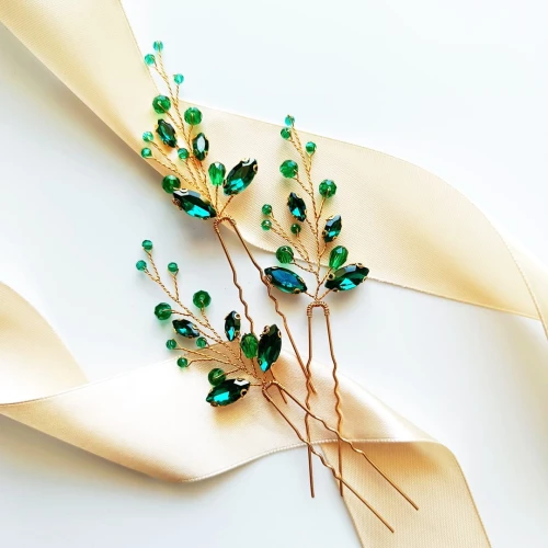 Zestaw zielonych ozdób do włosów szpilek wsuwek kokówek gałązki ozdobne