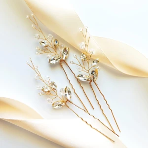 Sada tří zlatých ozdobných vlásenek se zirkony a krystaly