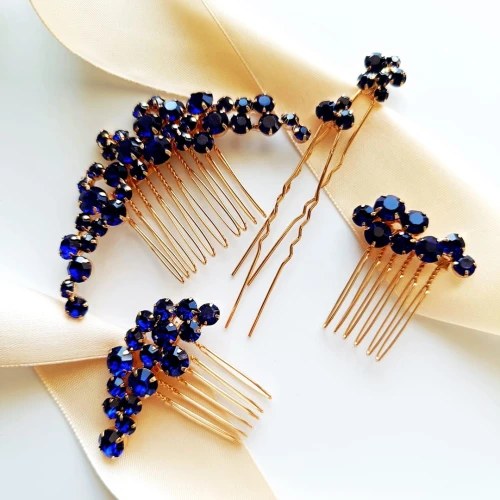 Niebieski złoty komplet ozdób do włosów grzebyki szpilki wsuwki kokówki WOW