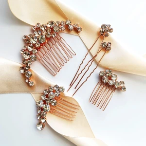 Růžové zlato sestava elegantních ozdob do vlasů se zirkony ve stylu glamour