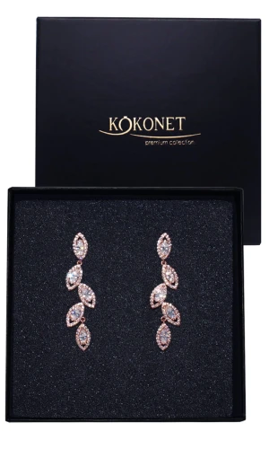 Kolczyki Różowe Złoto Ślubne BOHO Listki Cyrkonie Wiszące lekkie