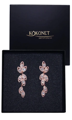 Kolczyki listki cyrkonie różowe złoto ŚLUBNE prezent wesele panieński