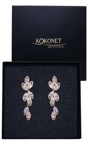 Kolczyki ZŁOTE Listki Cyrkonie SZTYFTY Ślubne BOHO Wiszące eleganckie