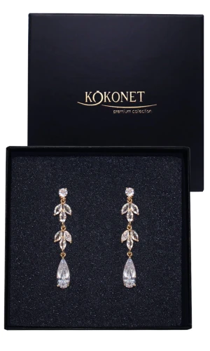 Długie kolczyki złote z listkami cyrkoniami POZŁACANE ślubne eleganckie