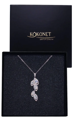 Srebrny NASZYJNIK wiszący dekolt V ślubny eleganckie listki na prezent