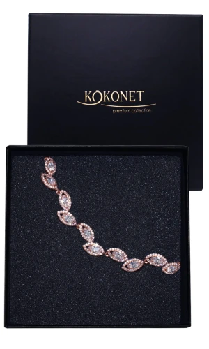 BRANSOLETA różowe złoto z listkami cyrkoniami kryształki BOHO glam