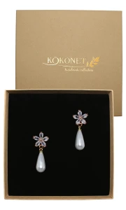 Zlaté květinové náušnice s cyrkoniemi a perlou FLOR gold